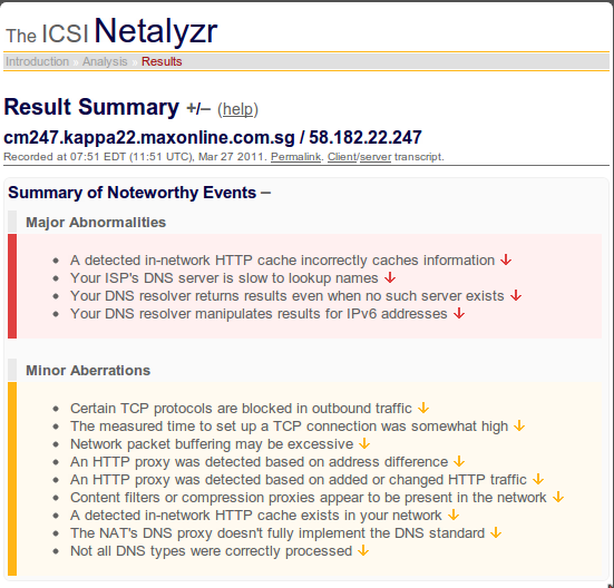 Netanalyzer results for MaxOnline Express